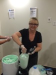 Division Chief, Julia Cross, blends creamy shakes to bring awareness to Earthquake Preparedness on the Great California Shake Out.