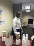 Deputy Commissioner Byron Tucker, blends creamy shakes for Earthquake Preparedness on the Great California Shake Out.